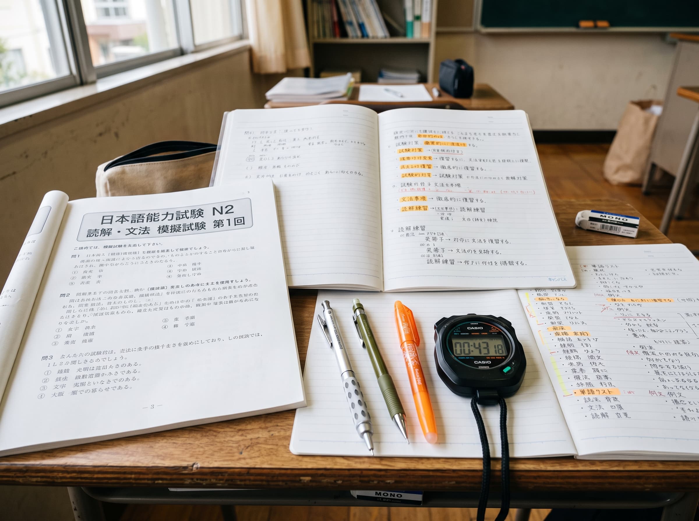 JLPT 모의고사 문제지와 스톱워치가 놓인 학습 책상